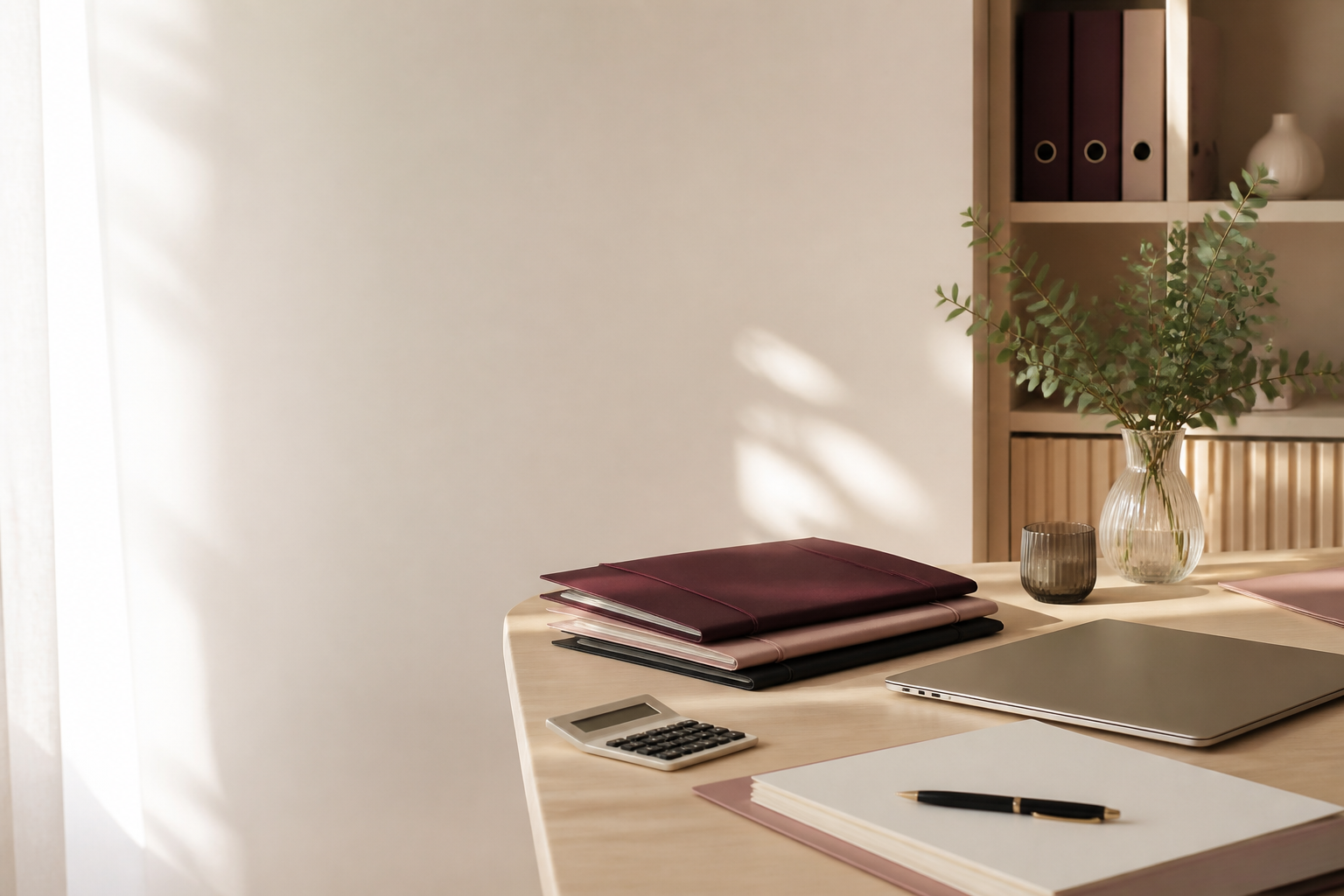 Bureau lumineux organisé avec dossiers, ordinateur et documents de travail